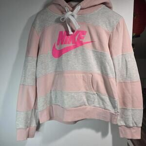 Nike Sweatshirt Womens Small Pink Gray Stripe Hoodie Pullover Kangaroo Pocket